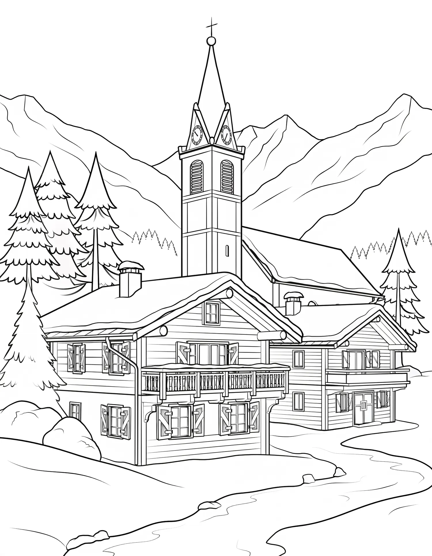Village Alpin Enneigé — Coloriage paysage à imprimer gratuitement